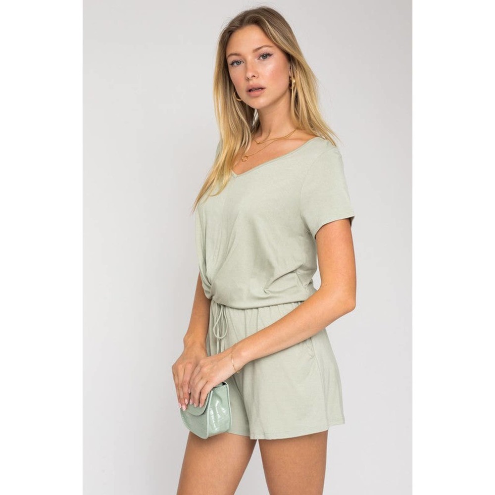 GILLI Short Sleeves V-Neckline Front Overlap Romper with Pockets in Sage - Picture 5 of 10